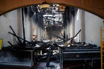 The interior of the San Gabriel Mission is damaged following a morning fire, Saturday, July 11, ...