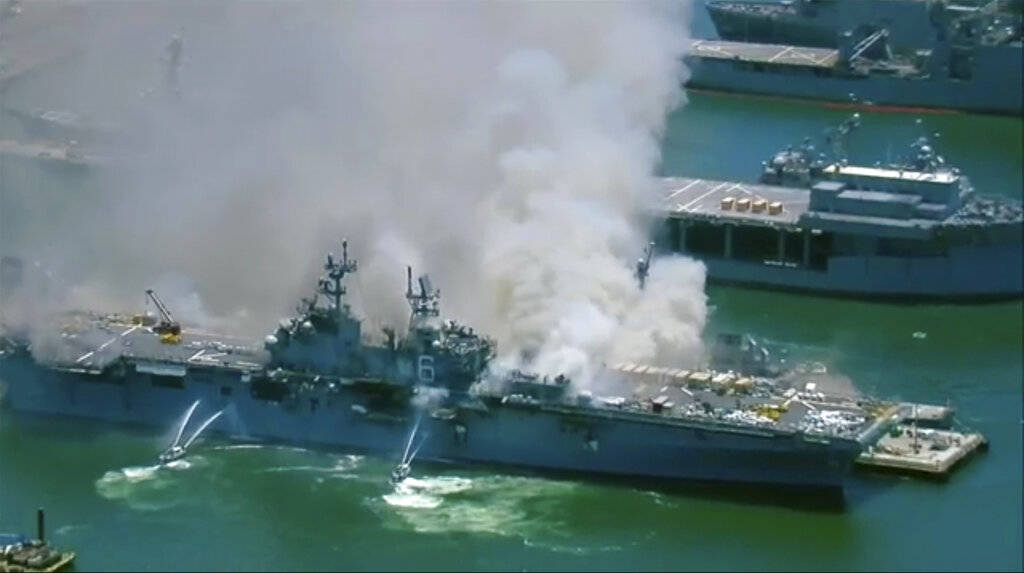 This screenshot provided by KGTV-TV in San Diego shows the USS Bonhomme Richard at Naval Base S ...