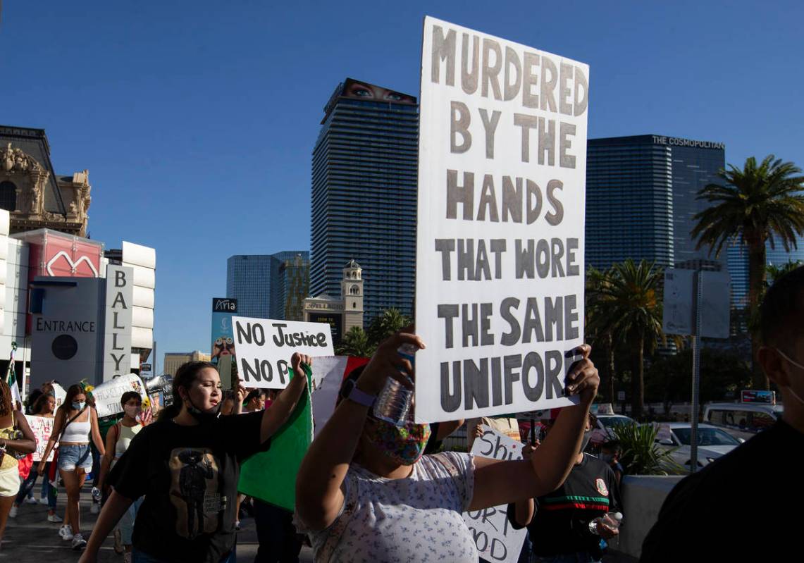 A protest for Vanessa Guillen moves down Las Vegas Boulevard on Sunday, July 12, 2020, on the L ...