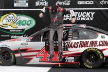 Cole Custer (41) celebrates after winning a NASCAR Cup Series auto race Sunday, July 12, 2020, ...