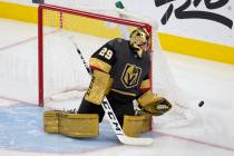 Vegas Golden Knights goaltender Marc-Andre Fleury (29) makes a save in the third period of an N ...