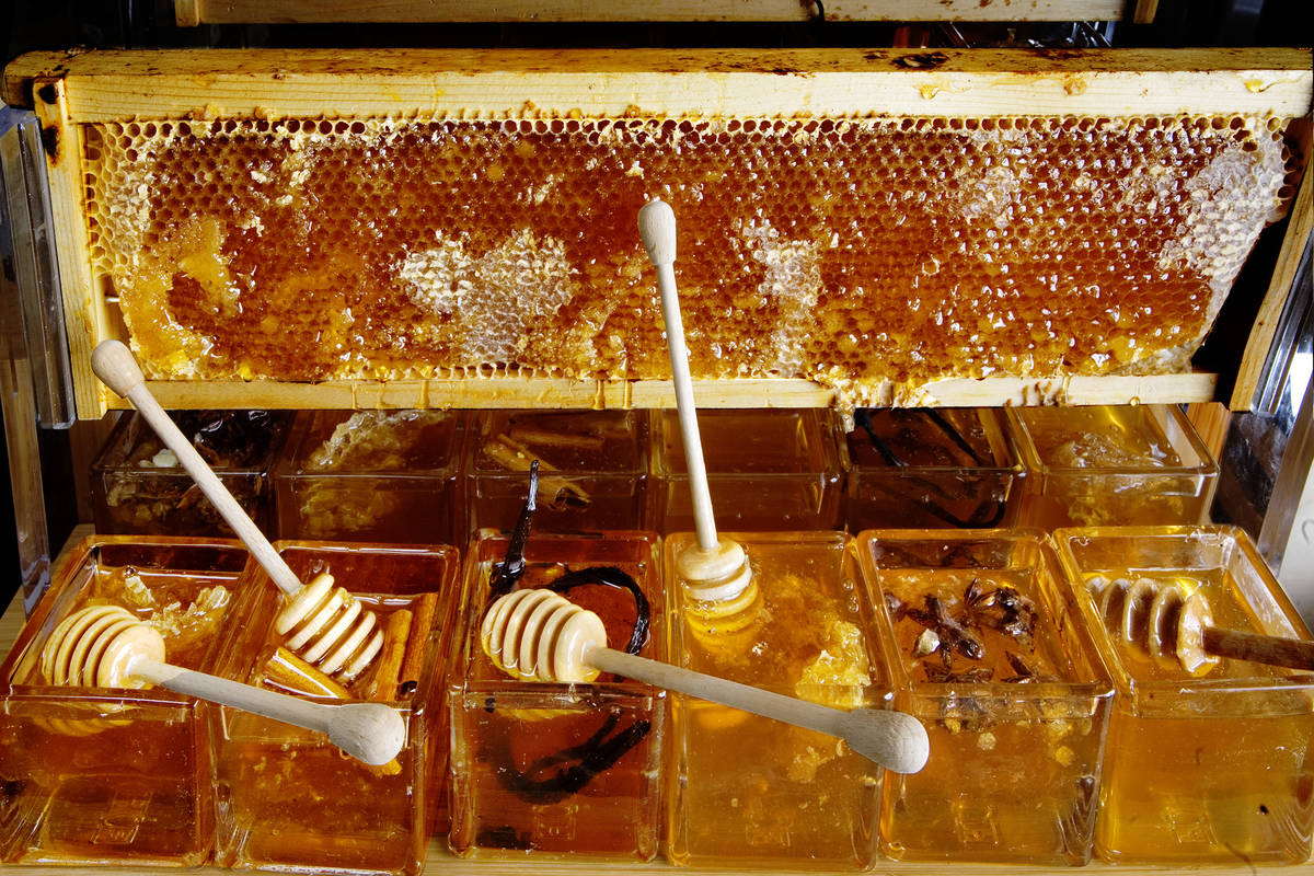 Honeycomb in a Window Pan is displayed at Bacchanal Buffet in Caesars Palace hotel-casino in La ...