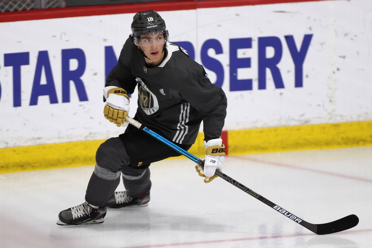 Vegas Golden Knights Peyton Krebs (18) during a team practice at City National Arena in Las Veg ...