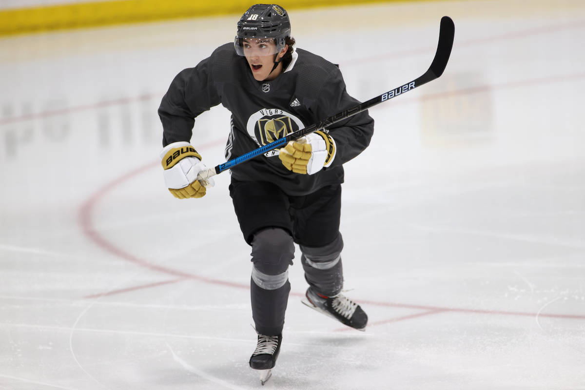 Vegas Golden Knights Peyton Krebs (18) during a team practice at City National Arena in Las Veg ...