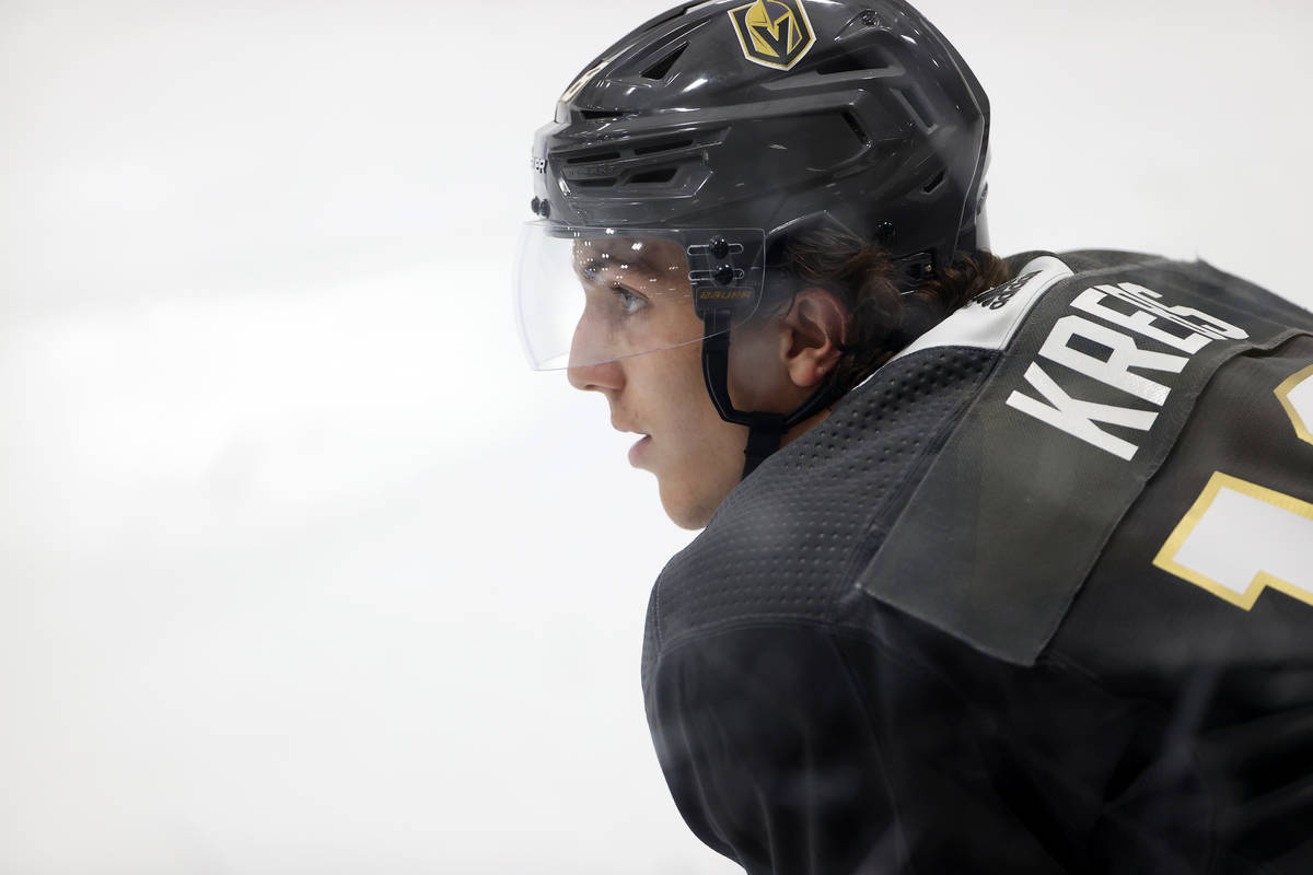 Vegas Golden Knights Peyton Krebs (18) during a team practice at City National Arena in Las Veg ...