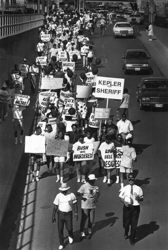 Demonstrators march on Sept. 3, 1990, in Las Vegas against the chokehold death of Charles Bush. ...