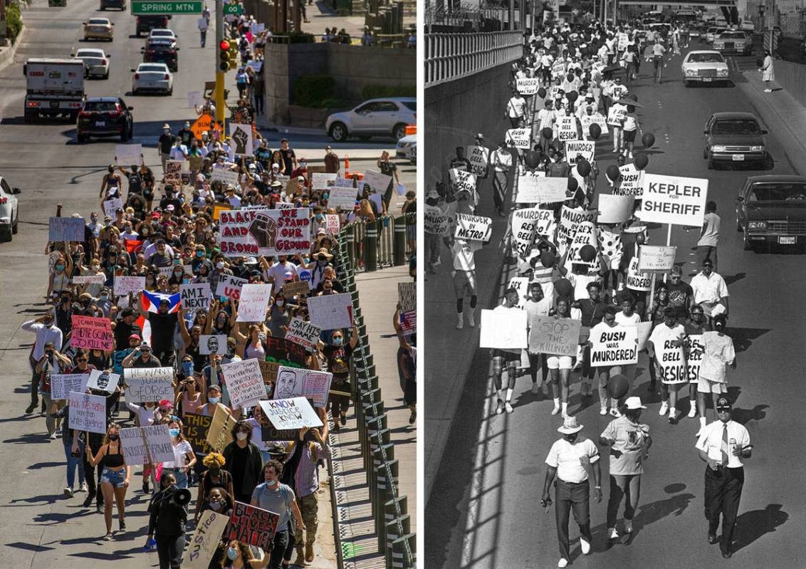 Protesters march up Las Vegas Blvd. during a Black Lives Matter protest on May 29, 2020, and 19 ...