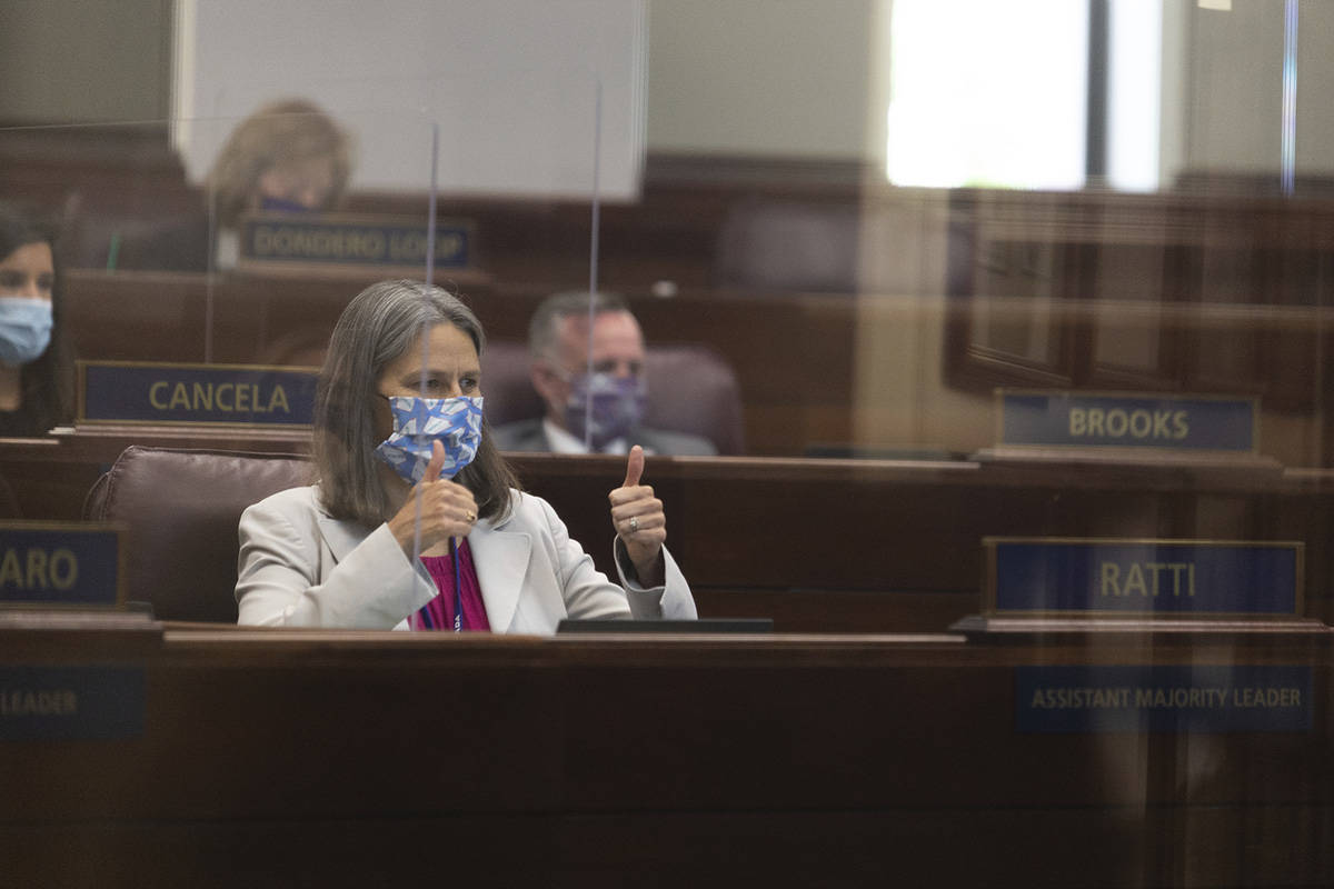 Assistant Majority Leader Julia Ratti gestures during the Special Session in Carson City, Nev., ...