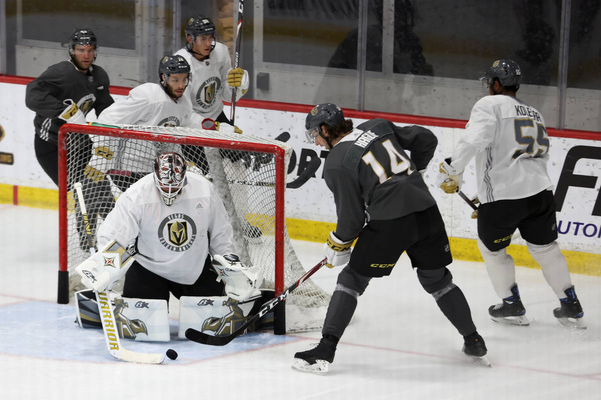 Vegas Golden Knights goaltender Robin Lehner (90) blocks the puck against Vegas Golden Knights ...