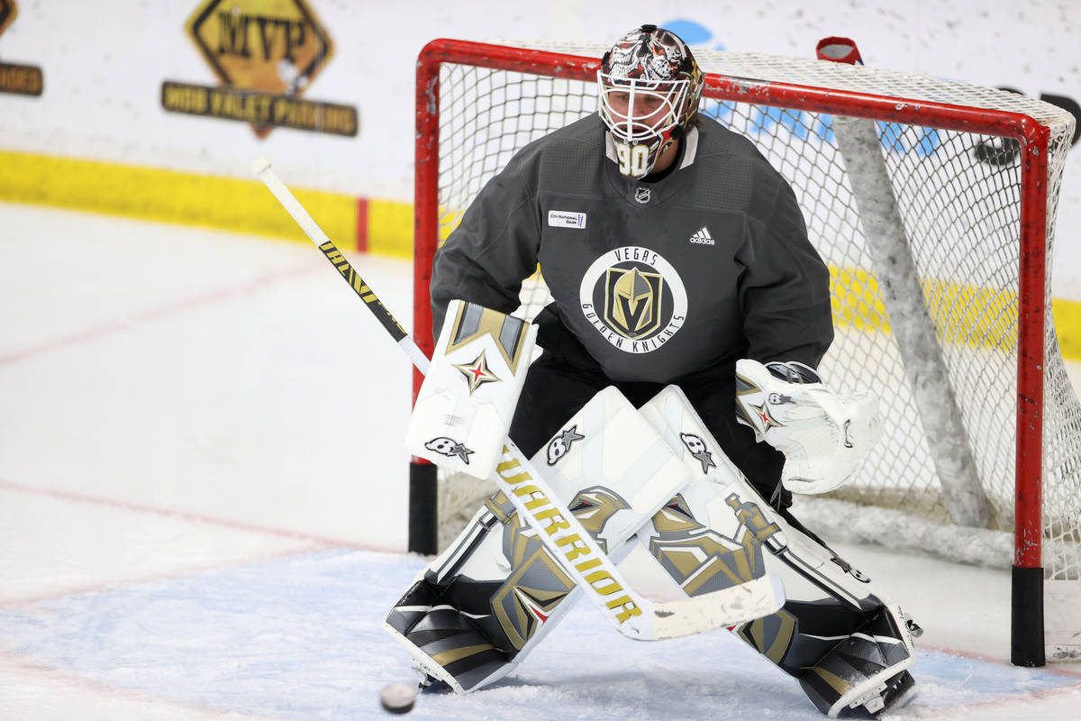 Vegas Golden Knights goaltender Robin Lehner (90) during a team practice at City National Arena ...