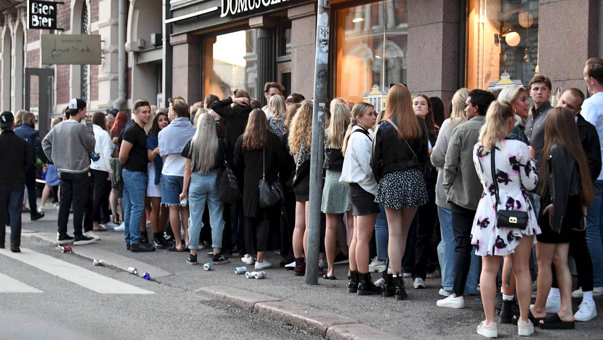 Young people queue up at a night club in Helsinki, Finland, Wednesday, July 15, 2020. Finland ...