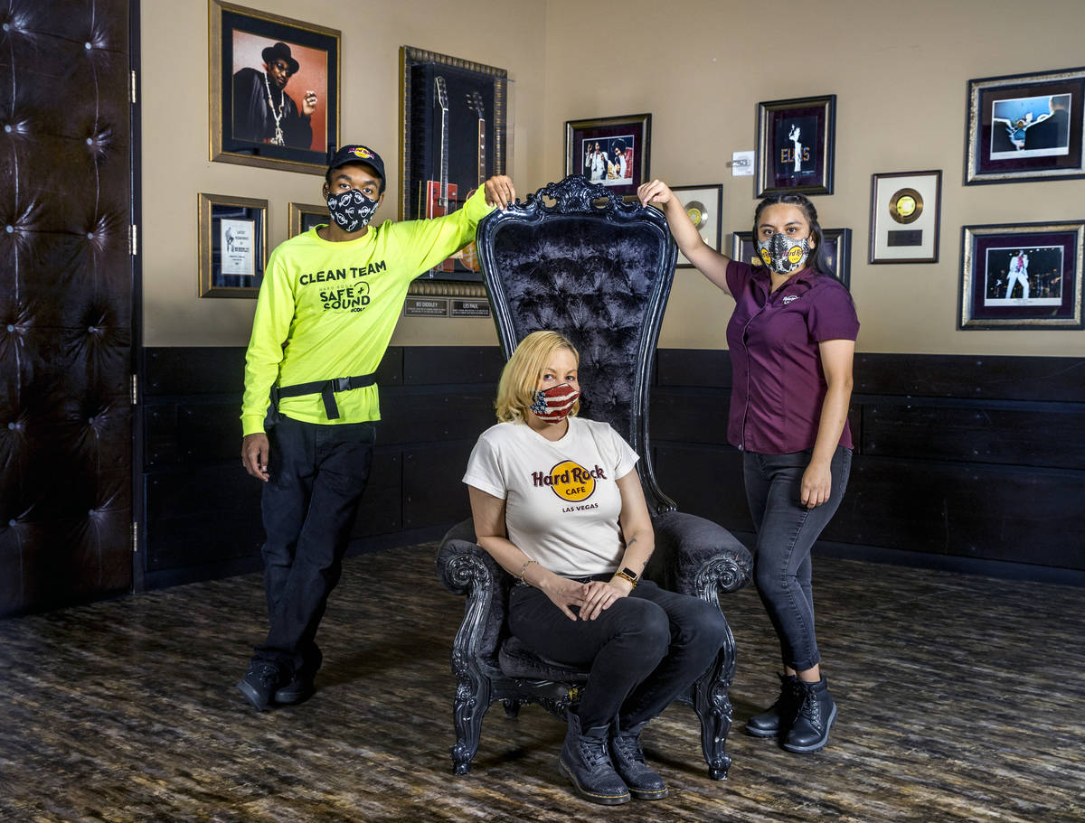 Mykel Lewis, left, Kristin McCormick, center, and Gloria Reyes at the Hard Rock Cafe wearing th ...