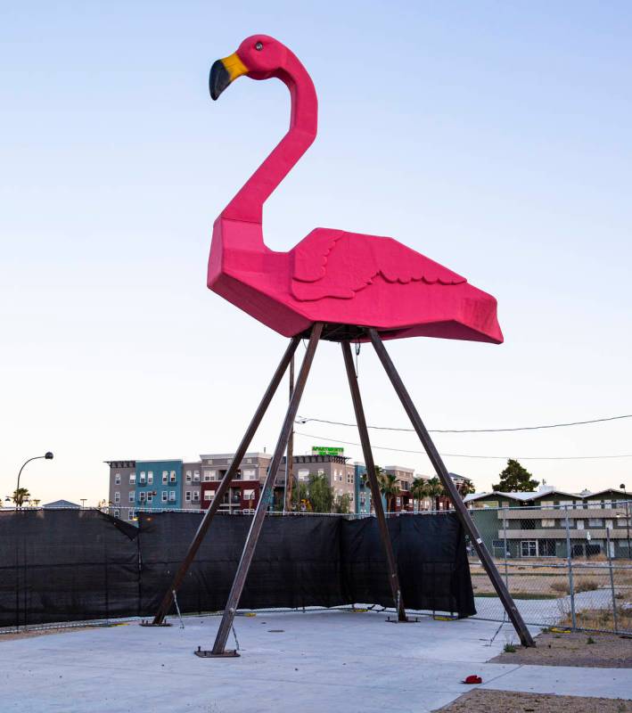 Phoenicopterus Rex, a giant replica of a pink plastic lawn flamingo standing 40 feet tall, in d ...