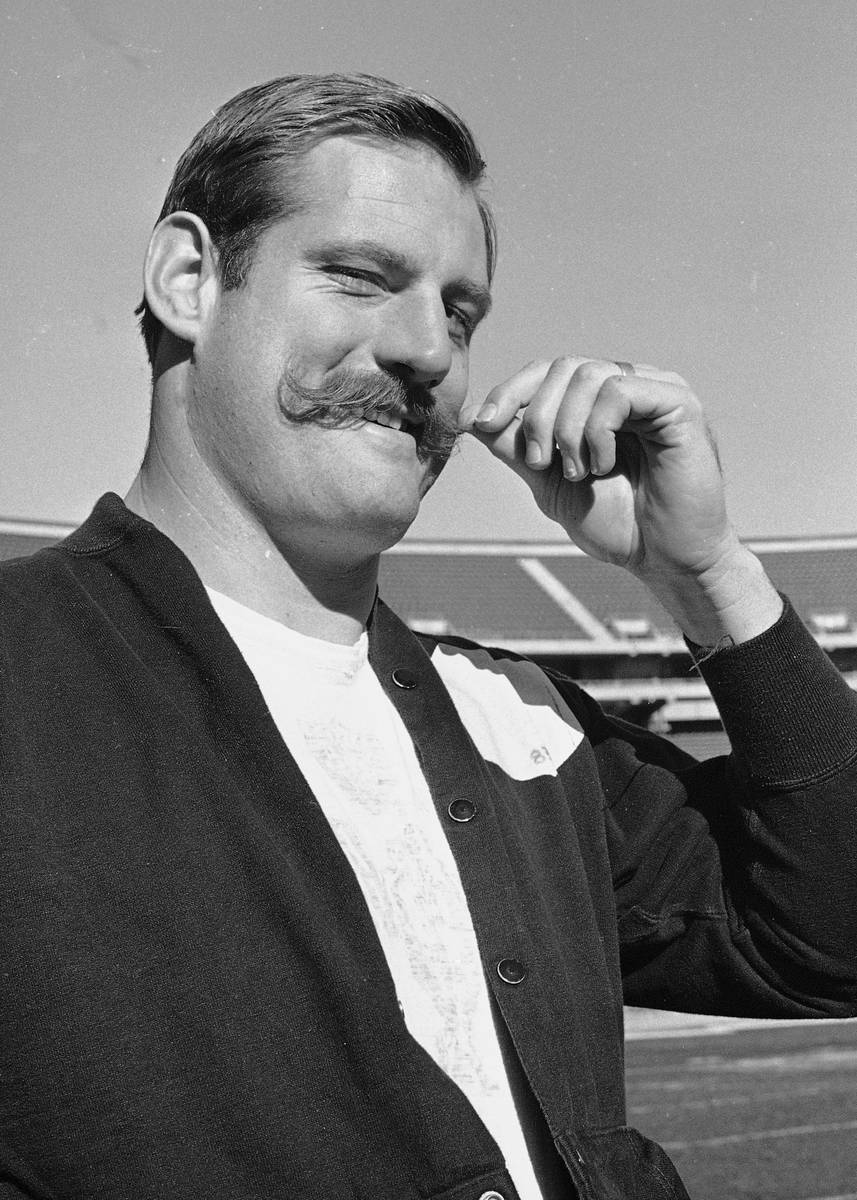 In this Jan. 3, 1968, file photo, Oakland Raiders defensive end Ben Davidson twirls his handleb ...