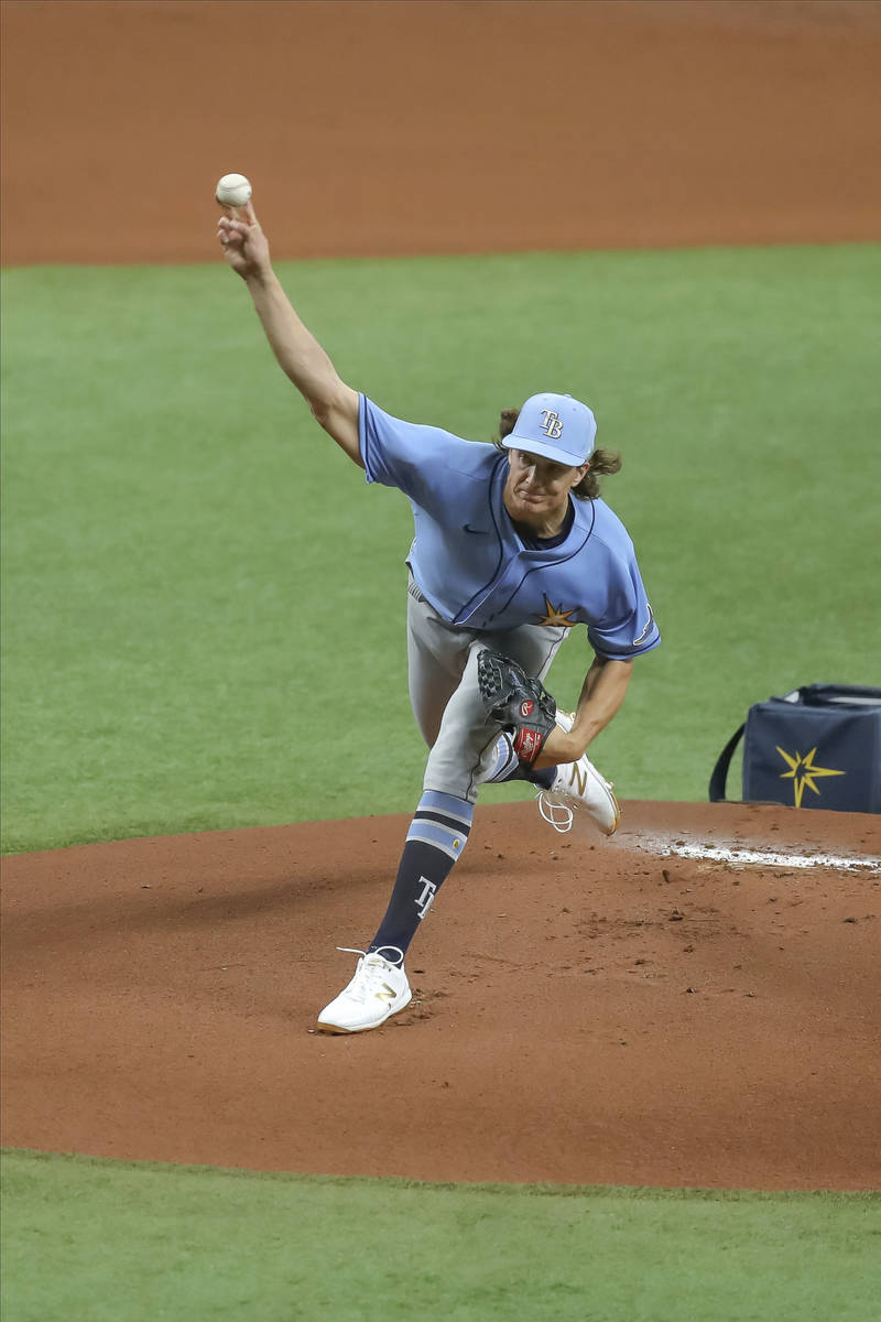 Tampa Bay Rays' Tyler Glasnow throws during baseball practice Tuesday, July 14, 2020, in St. Pe ...