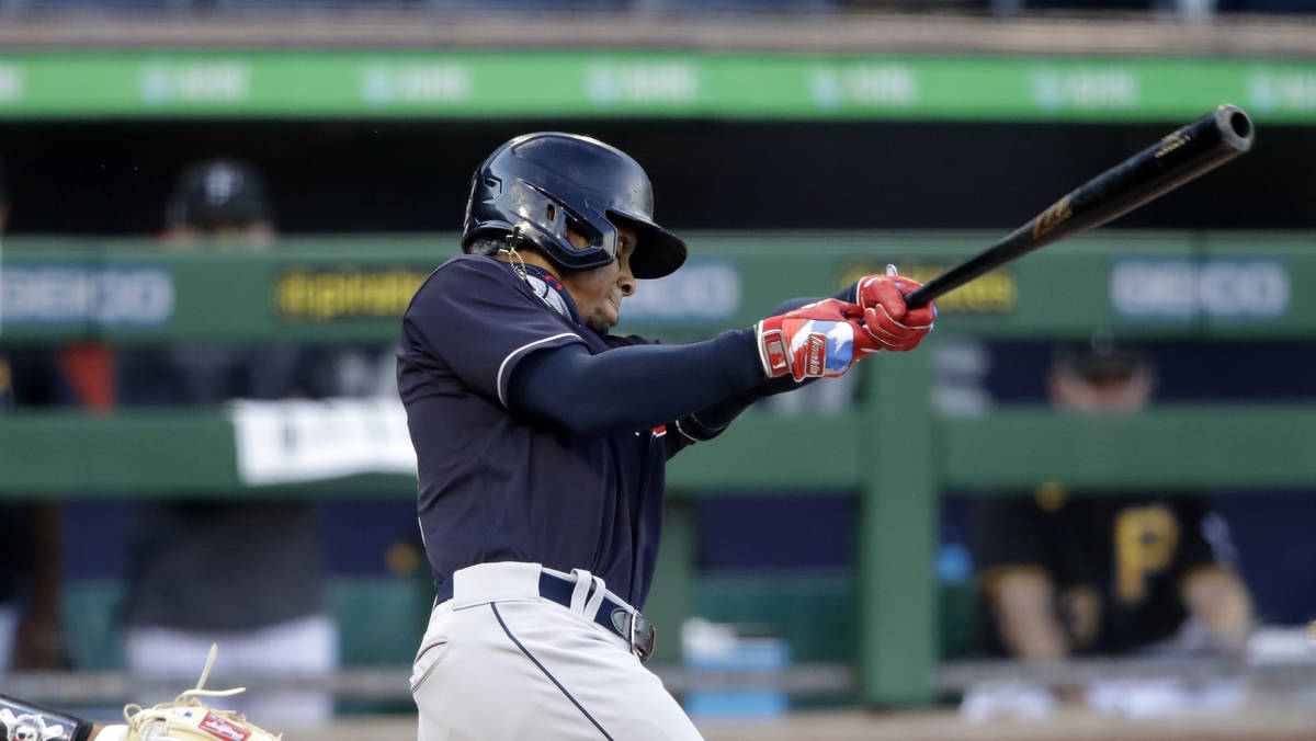 Cleveland Indians' Francisco Lindor bats during an exhibition baseball game against the Pittsbu ...