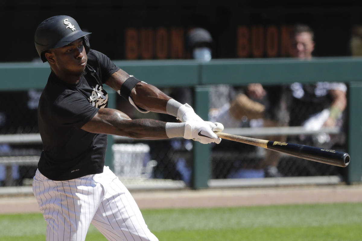 Chicago White Sox's Tim Anderson hits the ball during an intrasquad baseball game at Guaranteed ...
