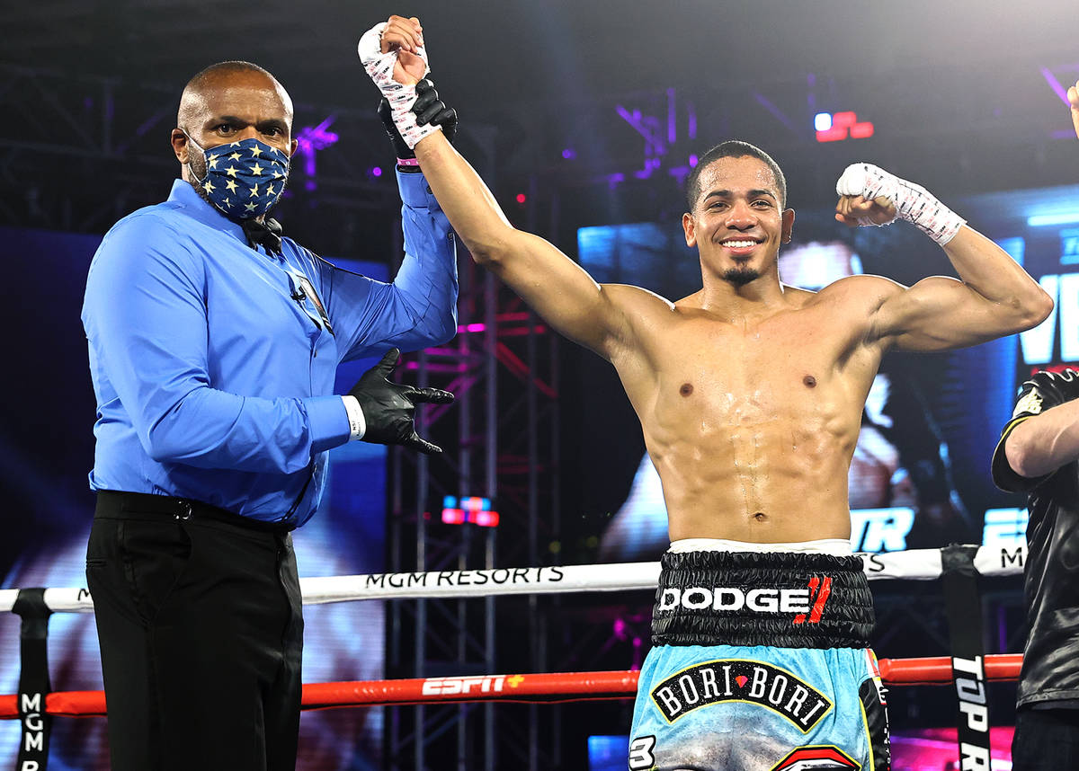 Felix Verdejo celebrates after knocking out Will Madera in the first round of their lightweight ...