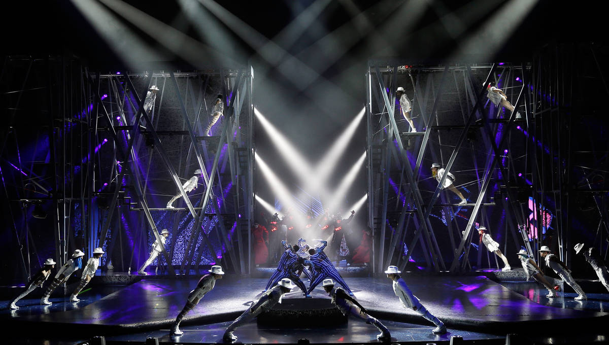 Artists perform during a sneak peek of "Michael Jackson One" by Cirque du Soleil at Mandalay Ba ...