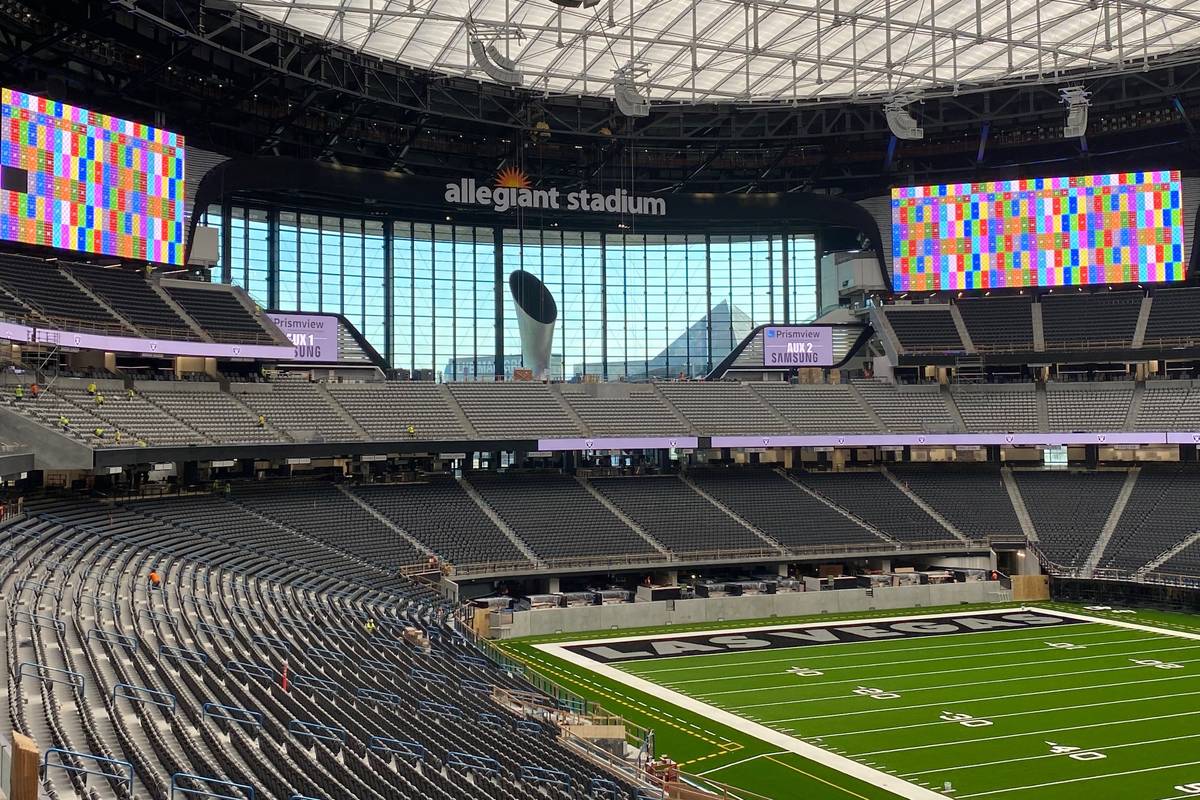 Crews test out various video boards inside Allegiant Stadium on June 23, 2020. (Courtesy Las Ve ...