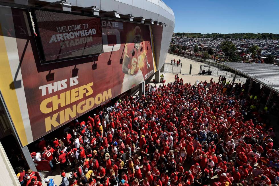 FILE - In this Sept. 11, 2016, file photo, Kansas City Chiefs fans line up to enter Arrowhead S ...