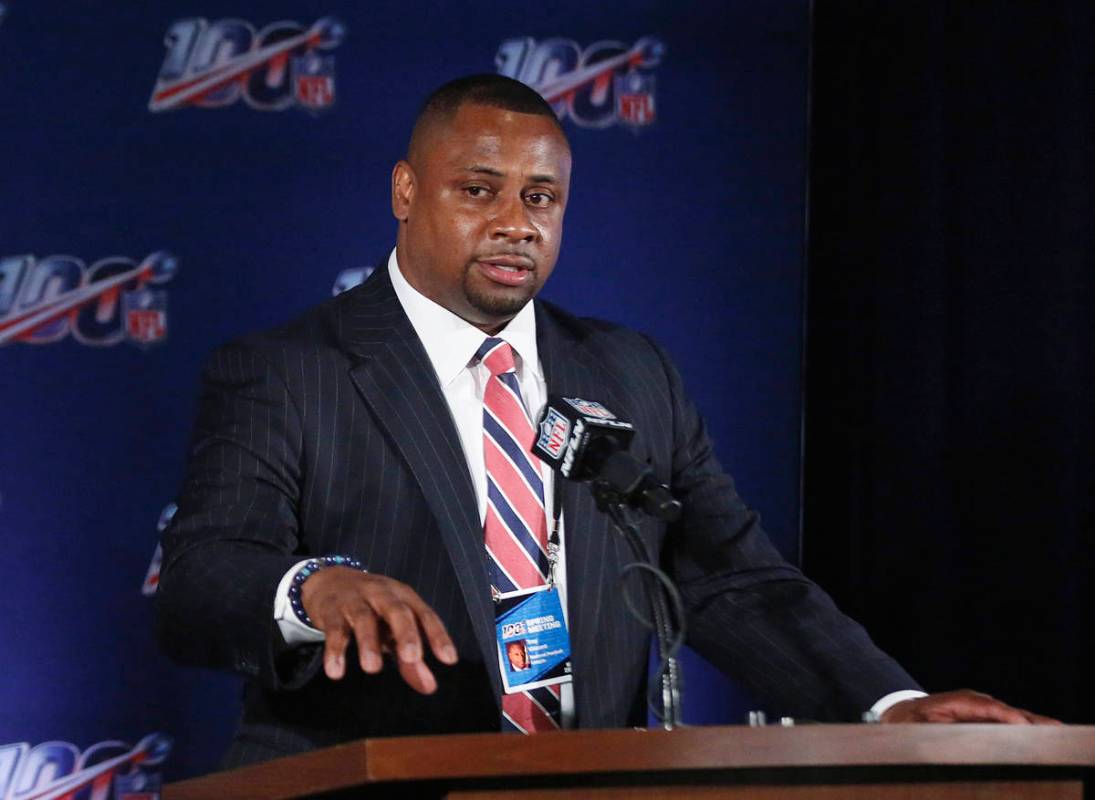 FILE - In this May 22, 2019, file photo, NFL vice president Troy Vincent speaks to the media du ...
