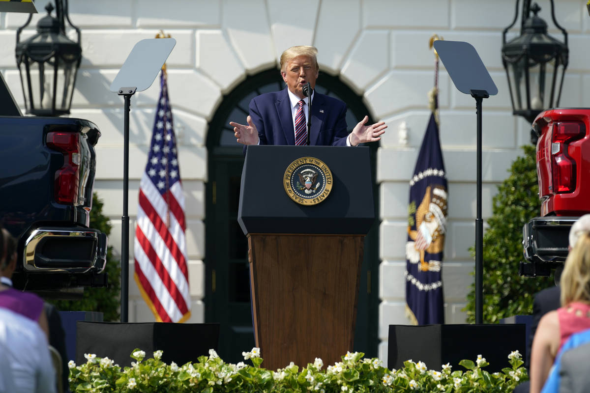 President Donald Trump speaks during an event on regulatory reform on the South Lawn of the Whi ...