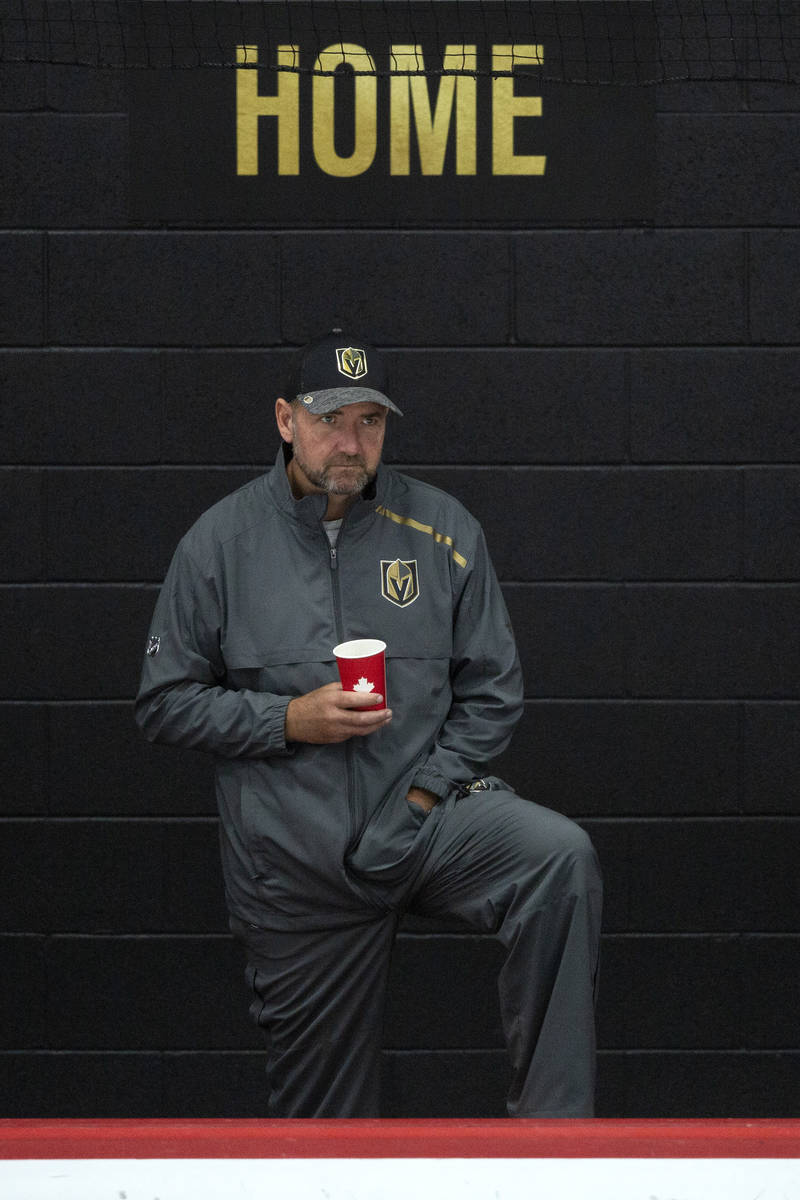 Golden Knights' head coach Peter DeBoer watches practice at City Capital Arena on Monday, July ...