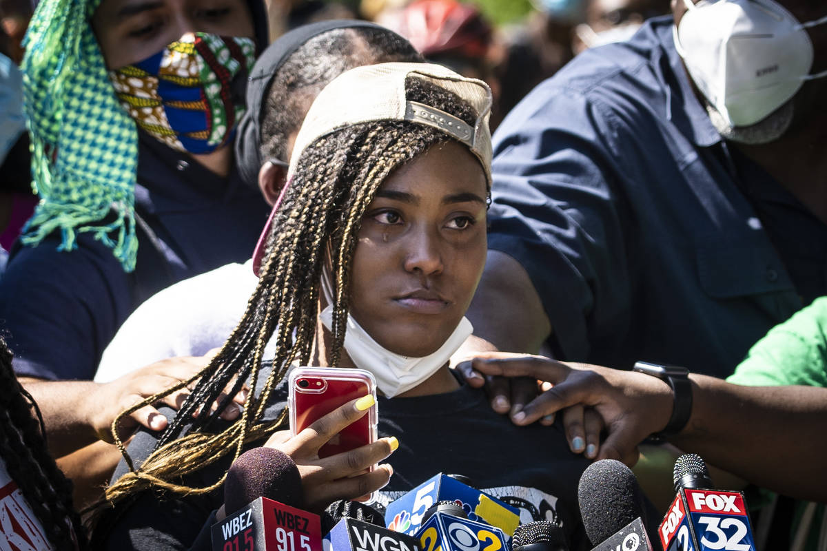 Miracle Boyd, 18, an activist with GoodKids MadCity, speaks during a press conference in front ...