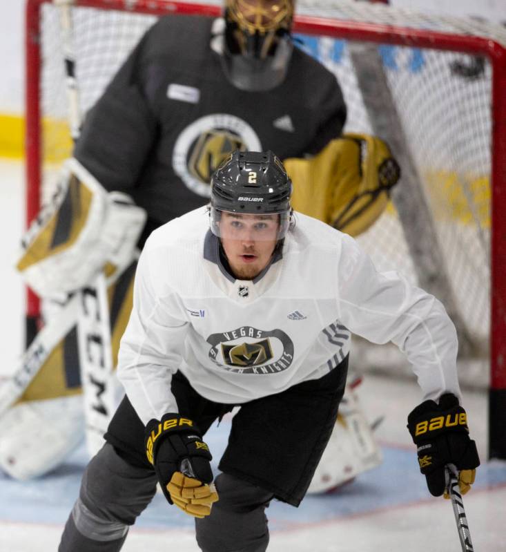 Golden Knights' defenseman Zach Whitecloud (2) skates toward the action during practice at City ...