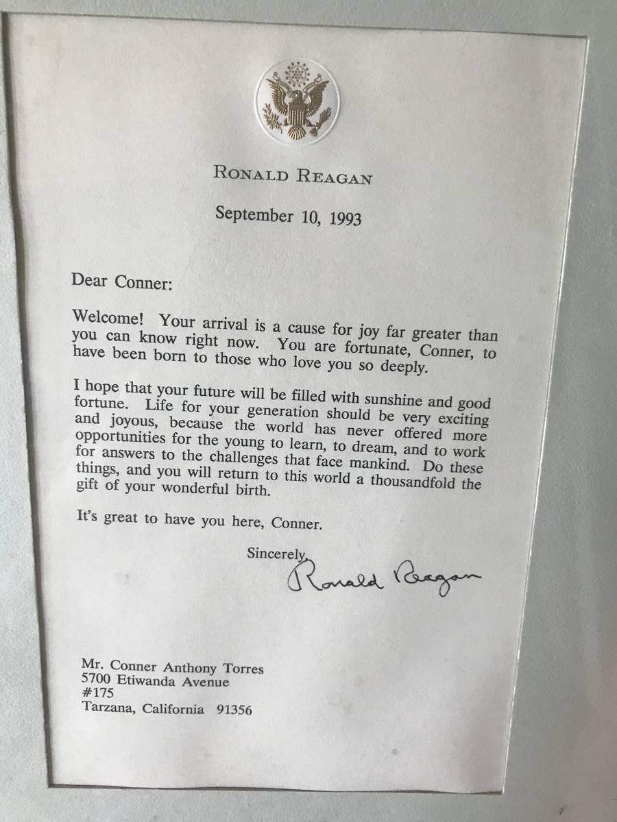 A letter from President Reagan to newborn Conner Torres, Ricki and Bart Torres's oldest son, da ...
