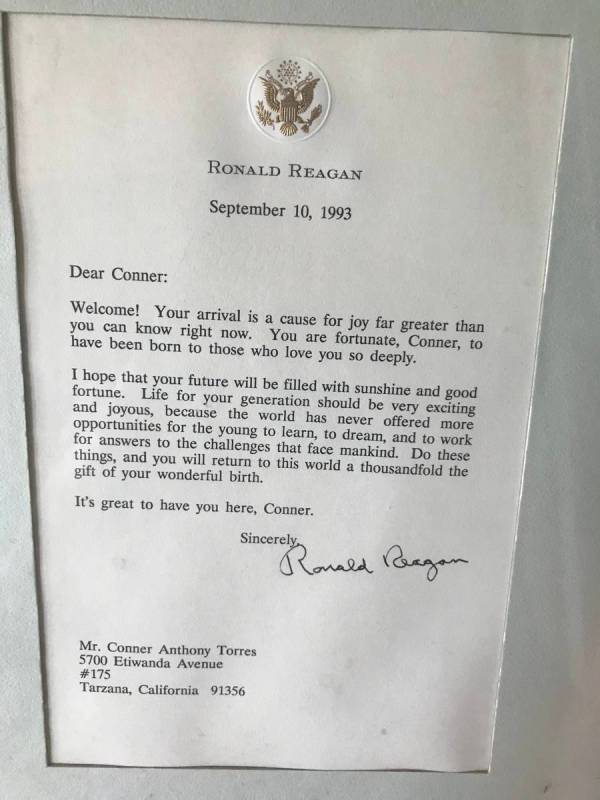 A letter from President Reagan to newborn Conner Torres, Ricki and Bart Torres's oldest son, da ...