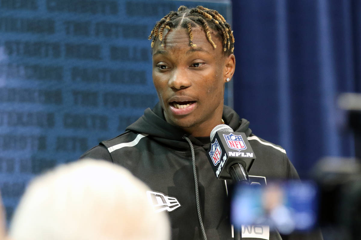 Alabama wide receiver Henry Ruggs III speaks at the NFL scouting combine at the Indianapolis Co ...