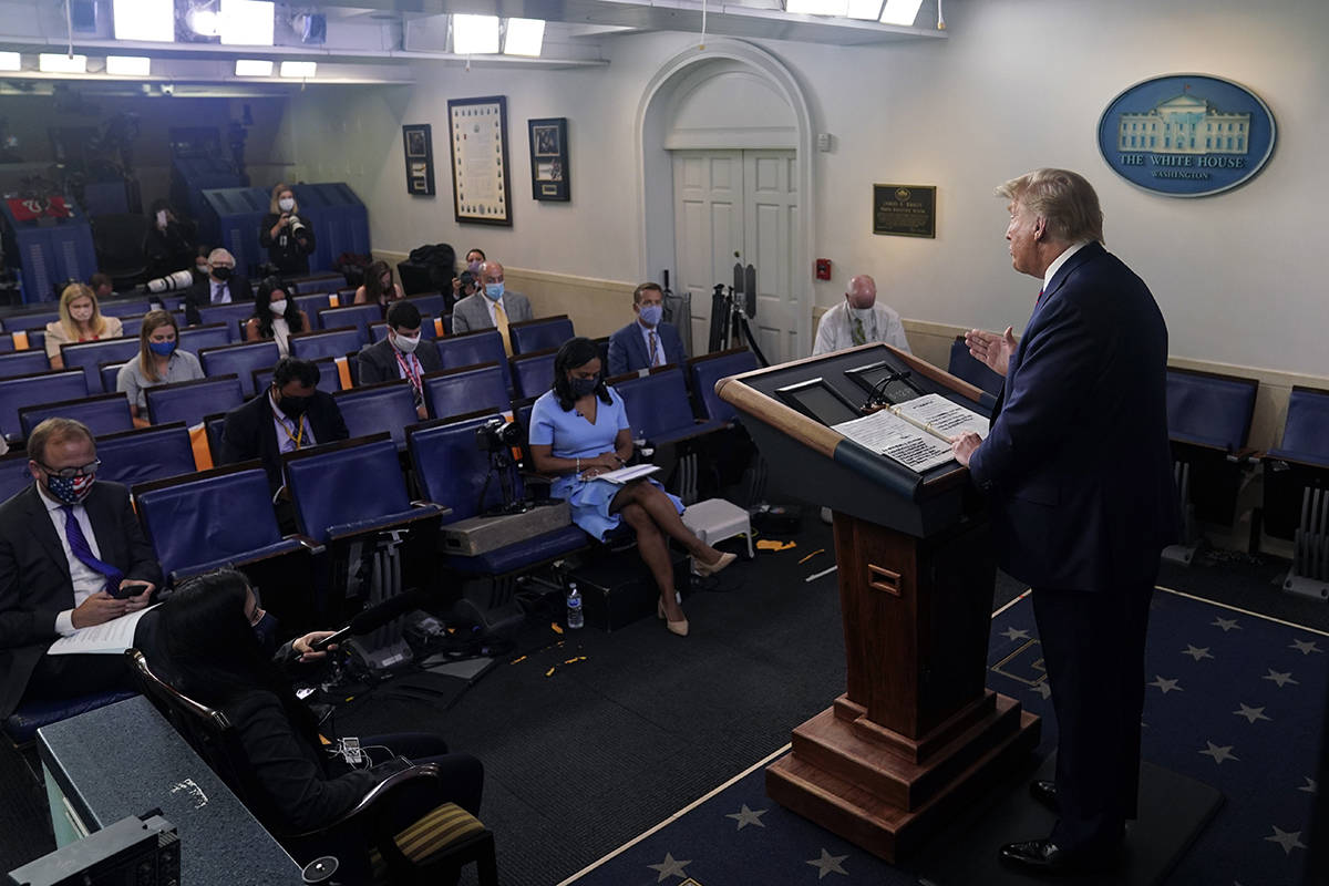 President Donald Trump speaks during a news conference at the White House, Tuesday, July 21, 20 ...
