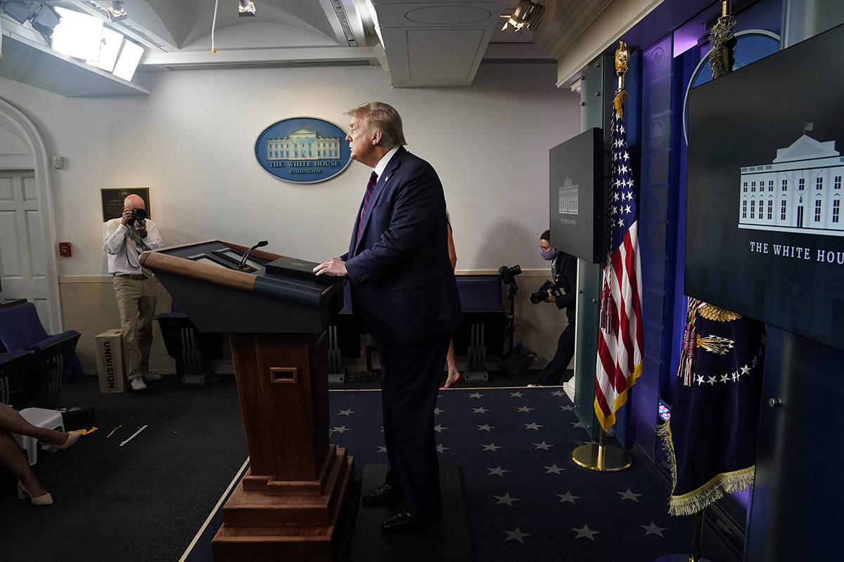 President Donald Trump speaks during a news conference at the White House, Tuesday, July 21, 20 ...