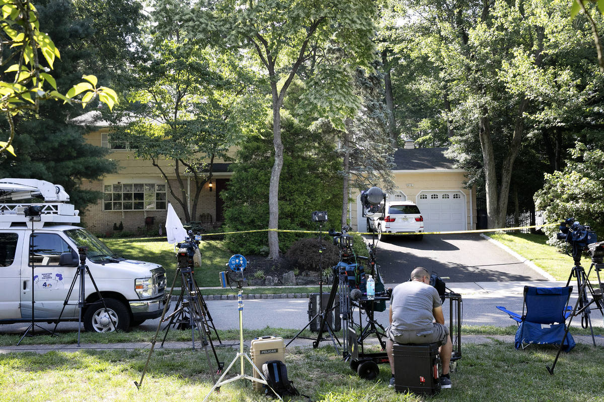 News media is set up in front of the home of U.S. District Judge Esther Salas, Monday, July 20, ...