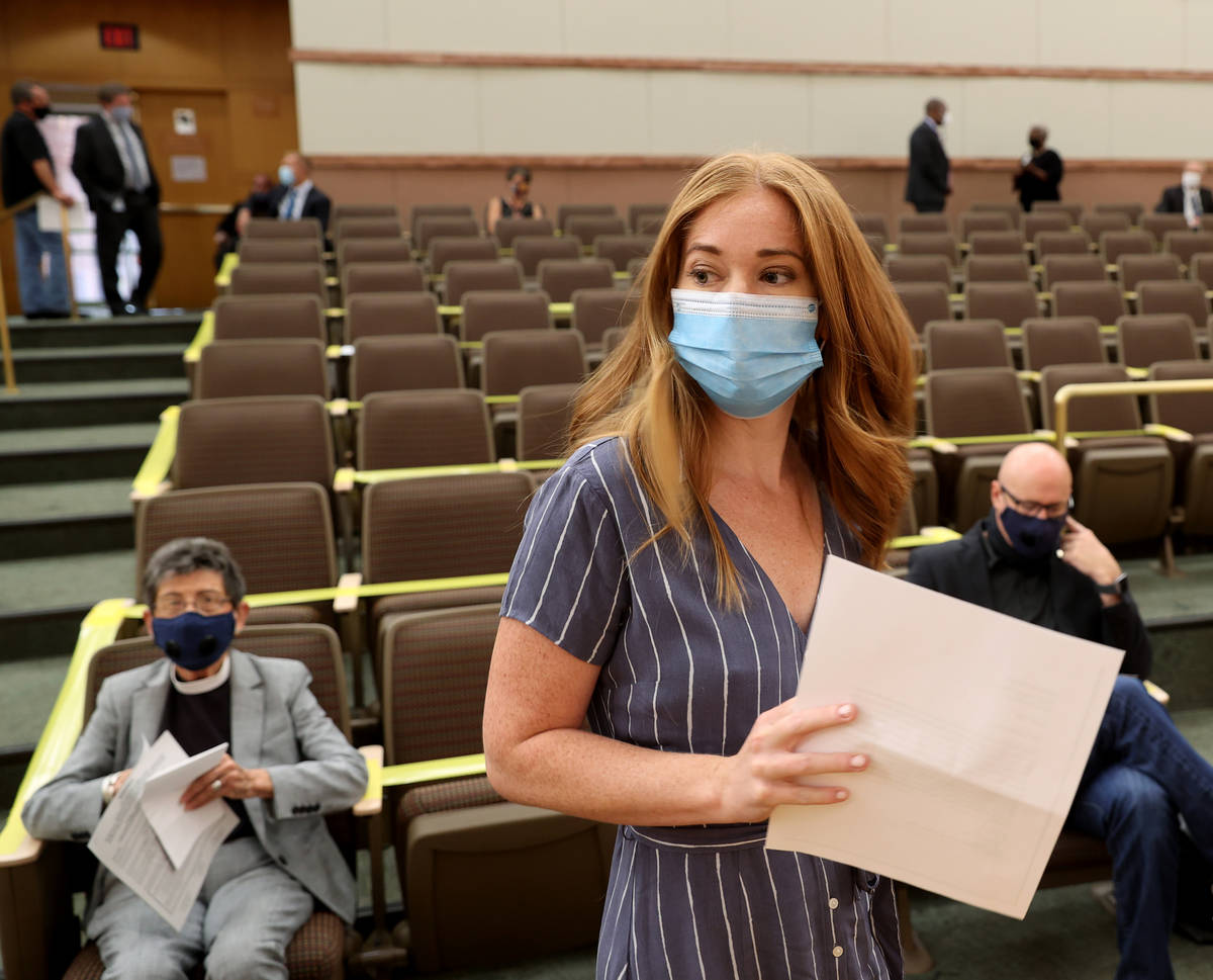 Kristen Corral, owner of Tacotarian restaurant, prepares to speak to Clark County Commissioners ...