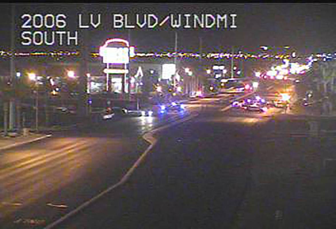 Police vehicles at the scene of a fatal auto-pedestrian crash at Las Vegas Boulevard South and ...