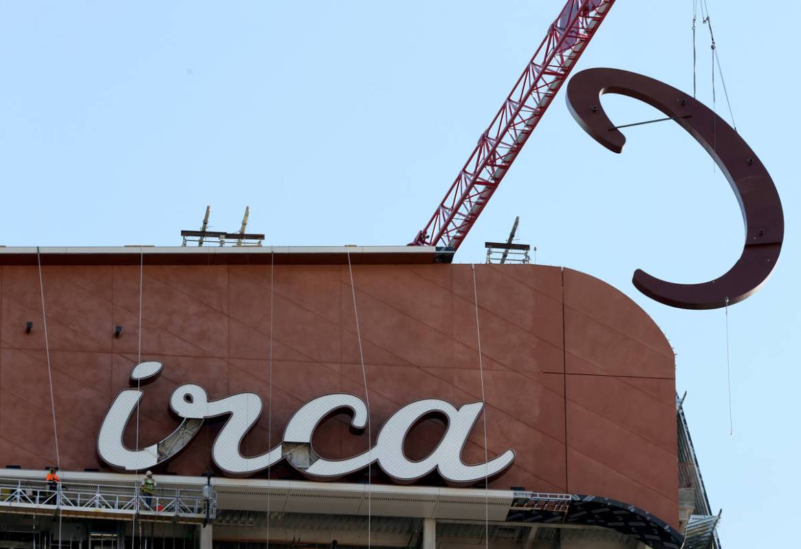 The final letter for the sign atop Circa resort in downtown Las Vegas is placed Thursday, July ...