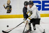 Vegas Golden Knights center Jonathan Marchessault (81, left) battles for control of the puck wi ...