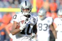 Oakland Raiders wide receiver Rico Gafford (10) catches the football during a drill prior an NF ...