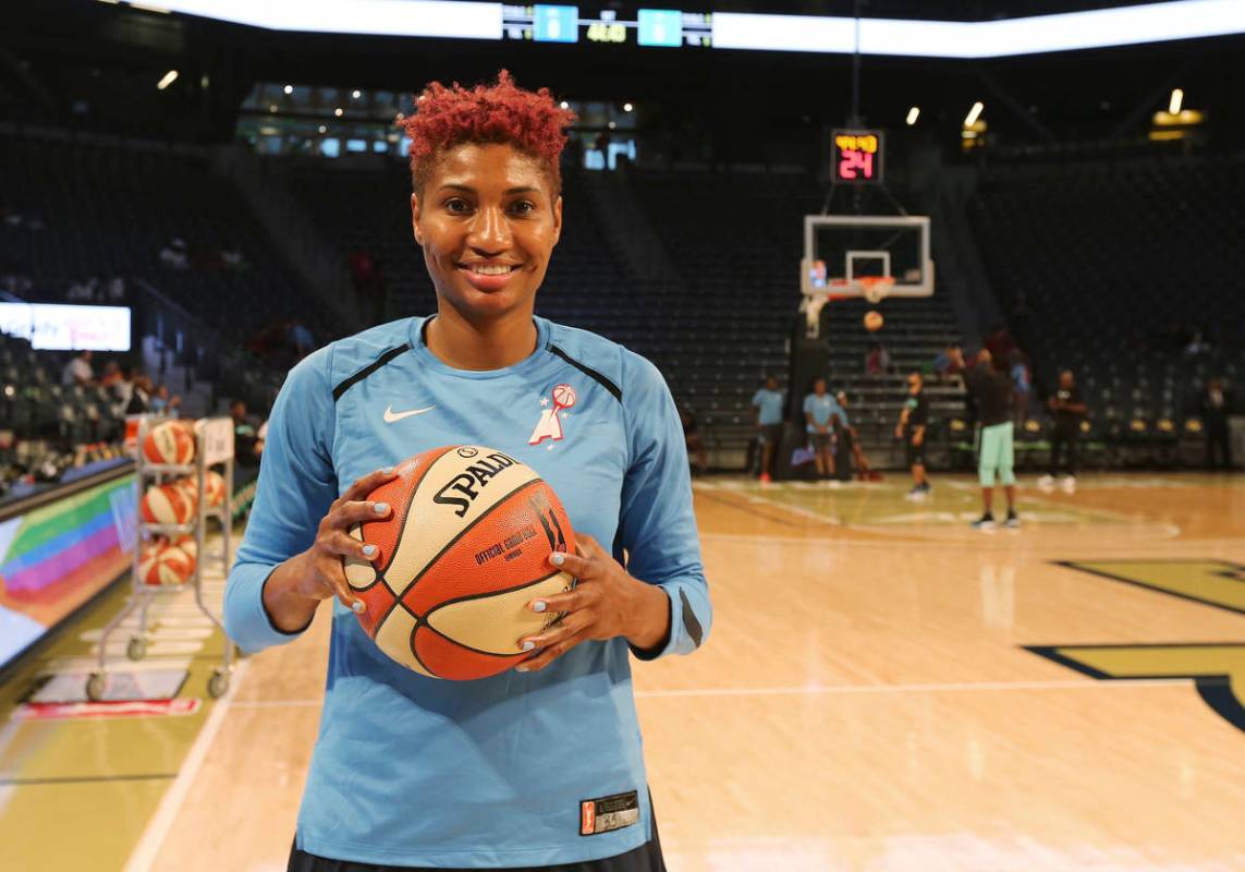 In this Thursday, July 19, 2018 photo, Atlanta Dream's Angel McCoughtry poses before a WNBA bas ...