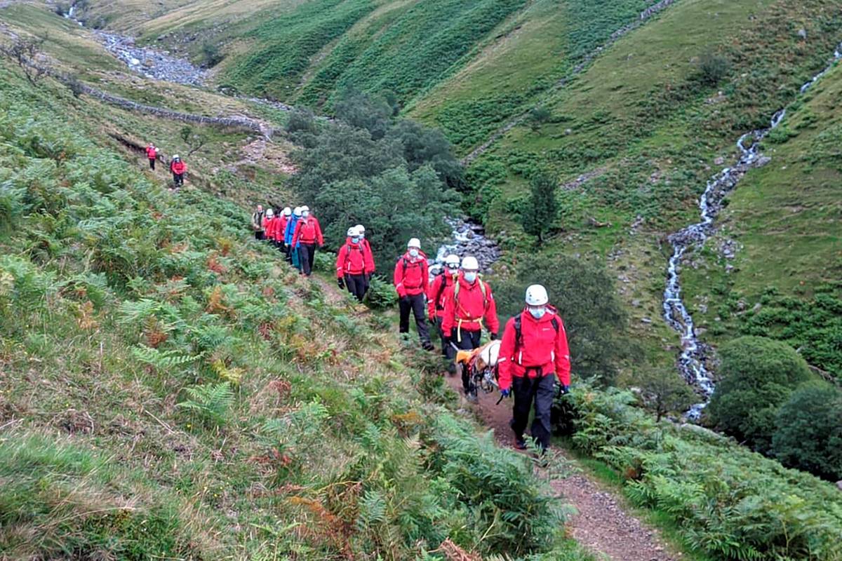 Volunteers from Wasdale mountain rescue team take turns to carry 121lb St Bernard dog, Daisy fr ...