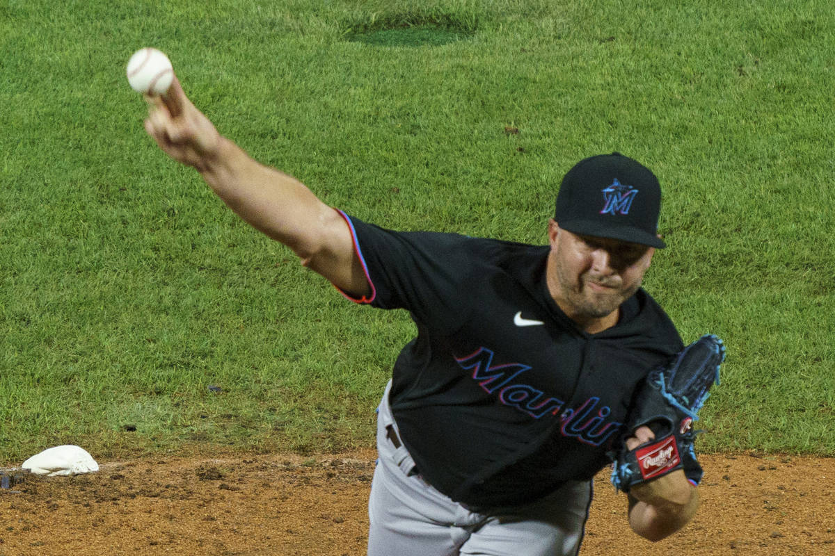 Miami Marlins relief pitcher Brandon Kintzler throws during the ninth inning of a baseball game ...