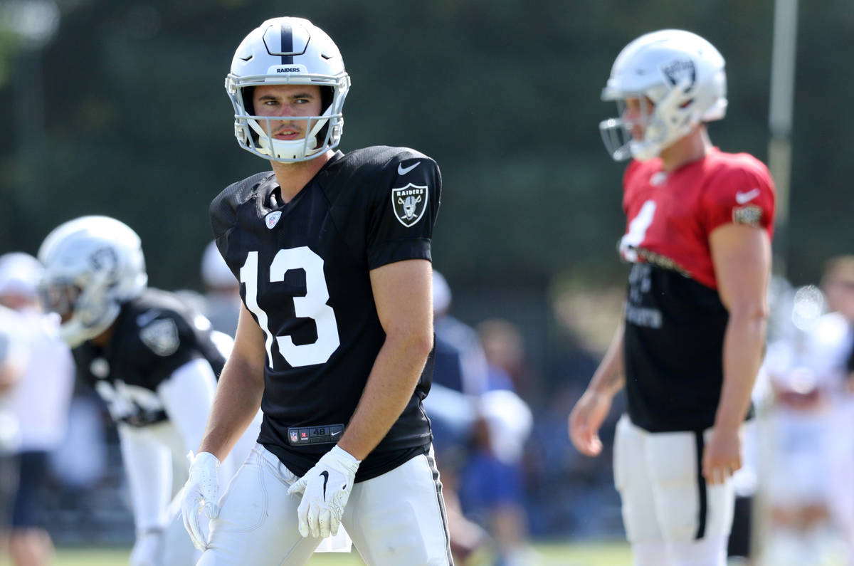 Oakland Raiders wide receiver Hunter Renfrow (13) prepares to run a route during the NFL team's ...
