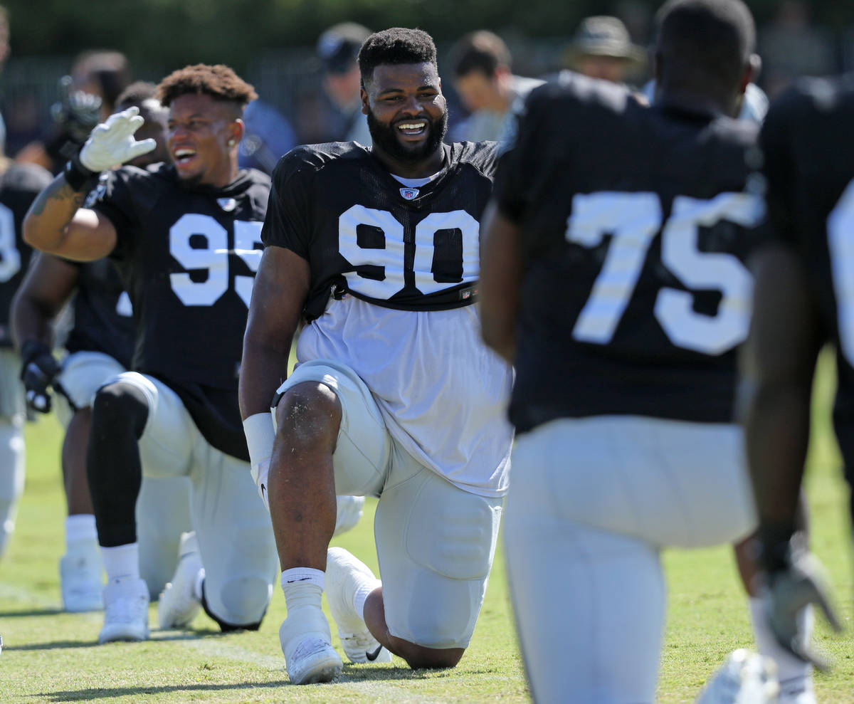 Oakland Raiders defensive tackle Johnathan Hankins (90) stretches during the NFL team's joint t ...