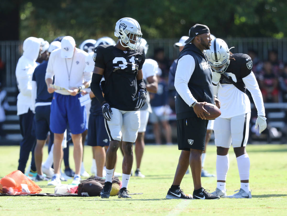 Oakland Raiders cornerback Isaiah Johnson (31) waits to drill during the NFL team's joint train ...