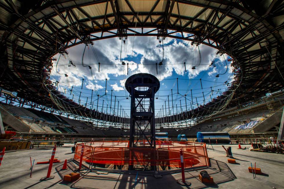 This Nov. 25, 2019, file photo shows construction of the Al Davis memorial torch during an Alle ...