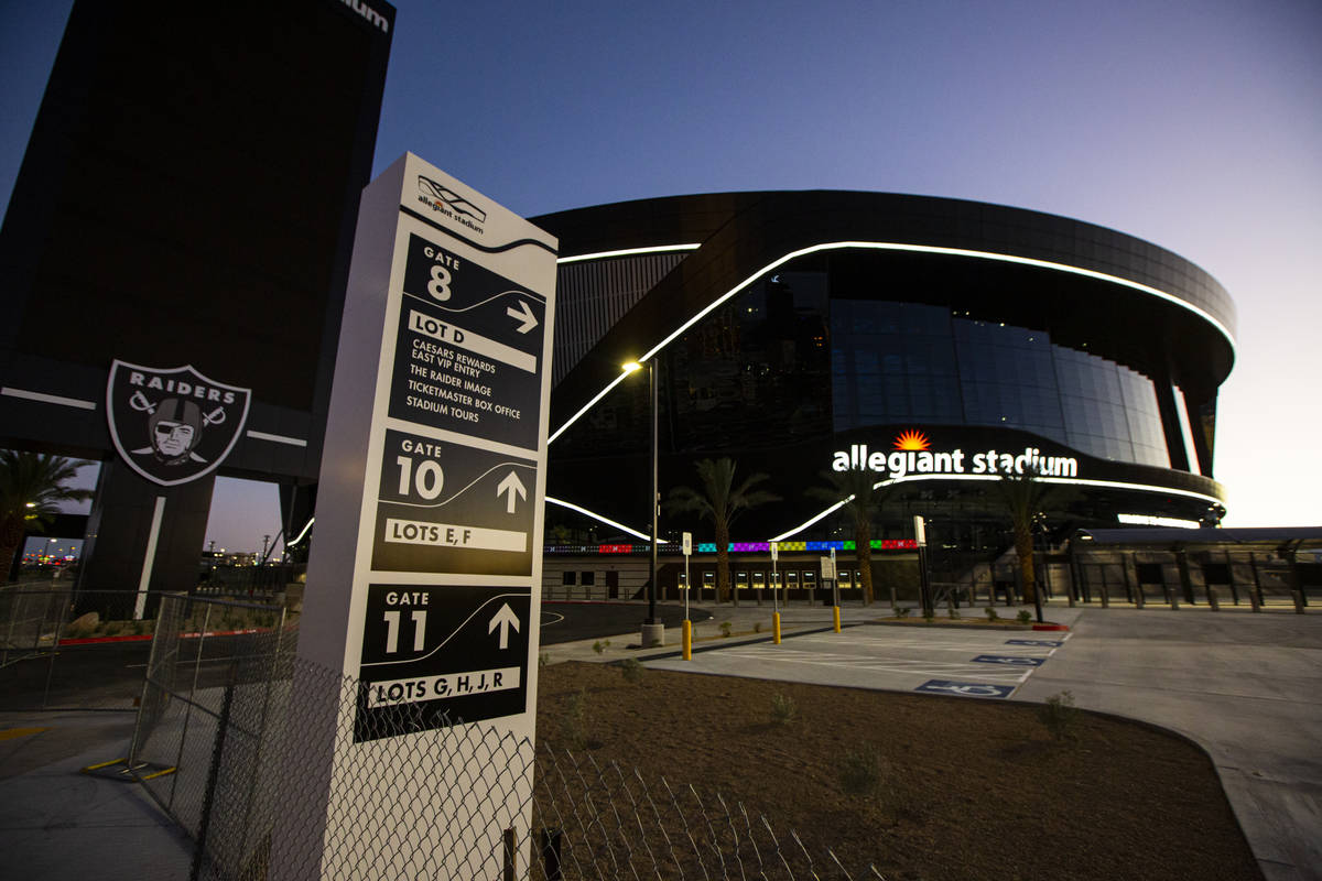 Signage at Allegiant Stadium in Las Vegas on Thursday, July 30, 2020. The stadium, home to the ...