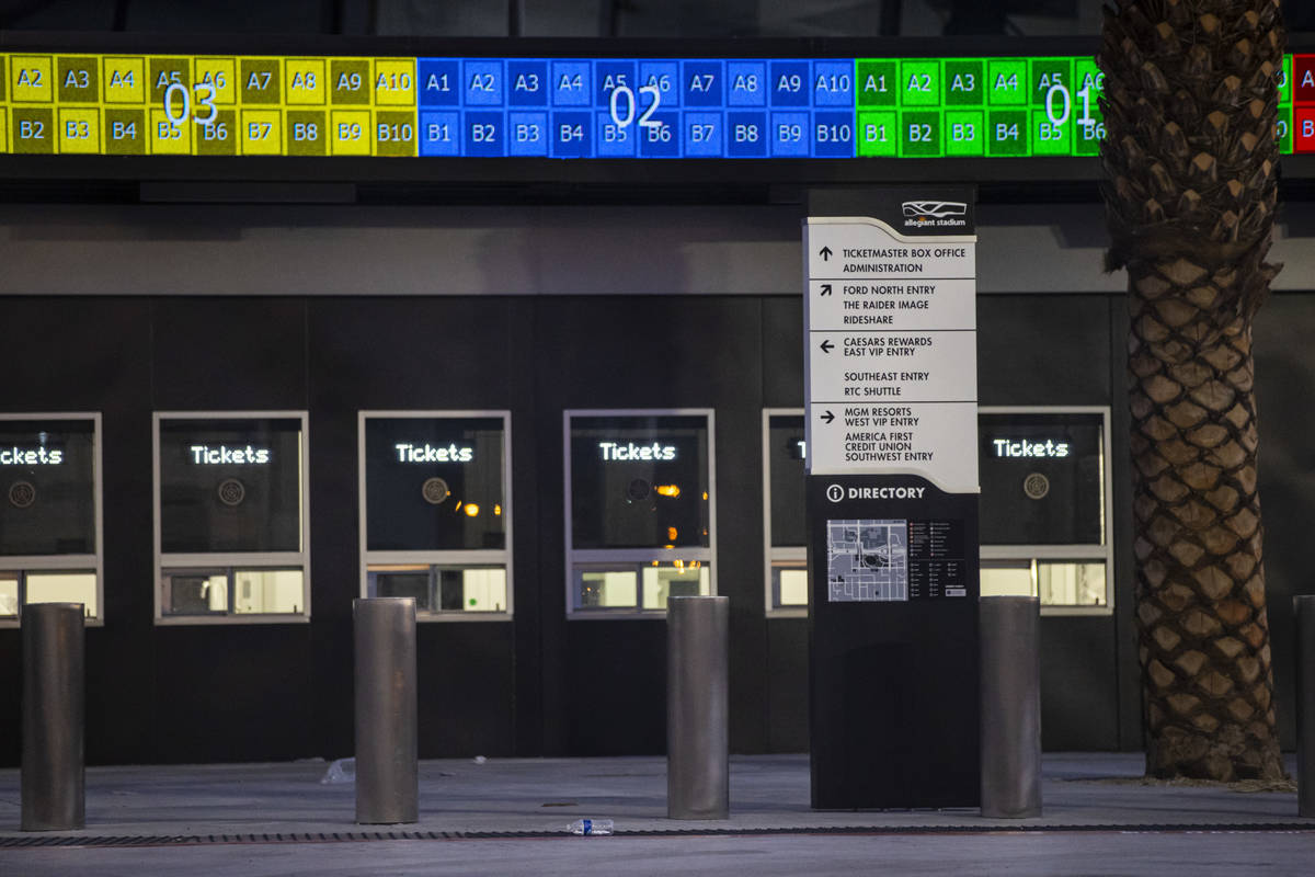 Signage and the box office area at Allegiant Stadium in Las Vegas on Thursday, July 30, 2020. T ...